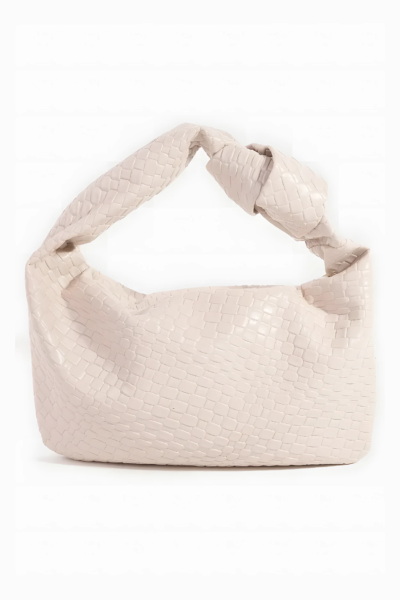 A stylish weave knotted handbag with a unique braided handle, crafted from high-quality materials, perfect for casual and formal occasions.