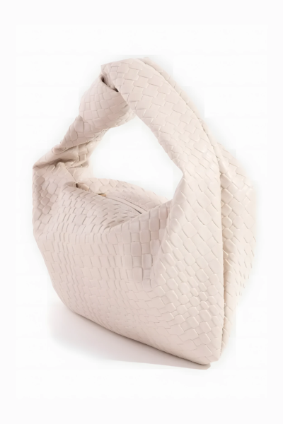 A stylish weave knotted handbag with a unique braided handle, crafted from high-quality materials, perfect for casual and formal occasions.