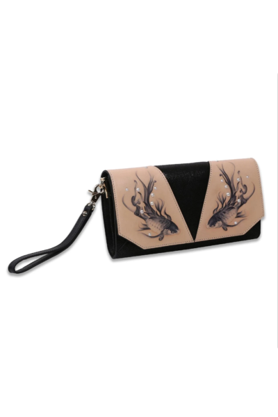 Luxury Pearl Leather Clutch Koi Black Crossbody Clutch, elegant black leather bag with adjustable strap, perfect for evening and formal events.