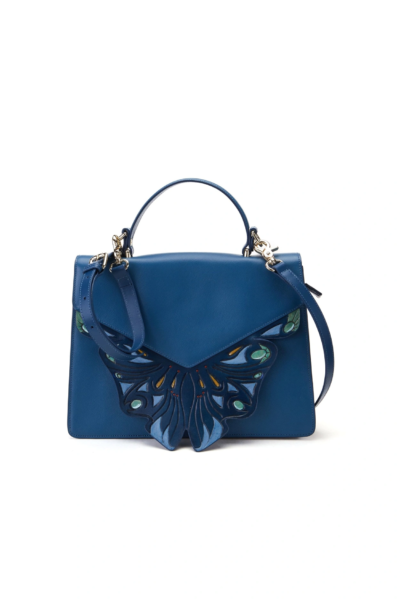 Elegant blue leather handbag with artistic butterfly wing design, featuring a top handle and detachable shoulder strap.